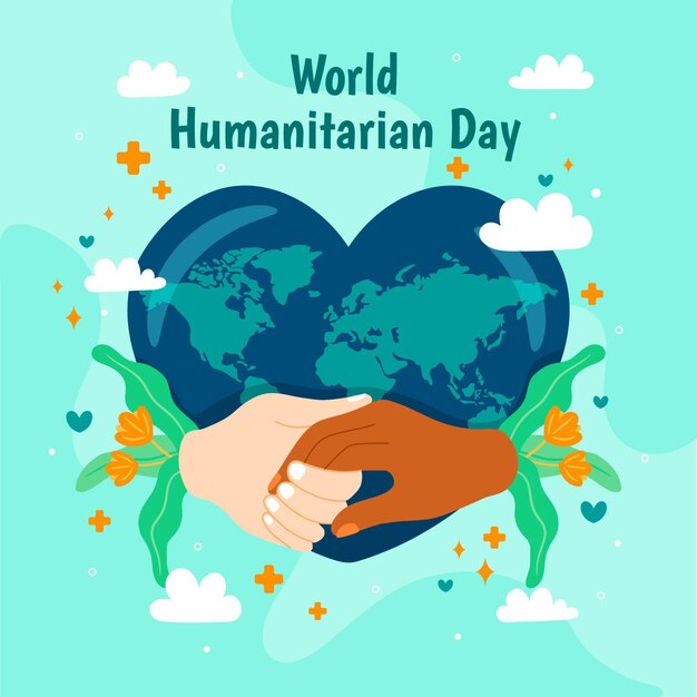 World humanitarian day with heart-shaped earth and hands