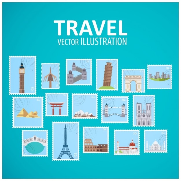 Free Vector world landmark places stamps collection