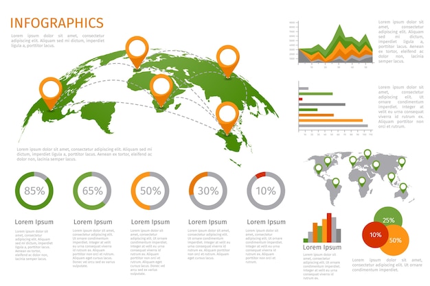 World map 3D with set of infographics elements. Design information, business graph and chart.