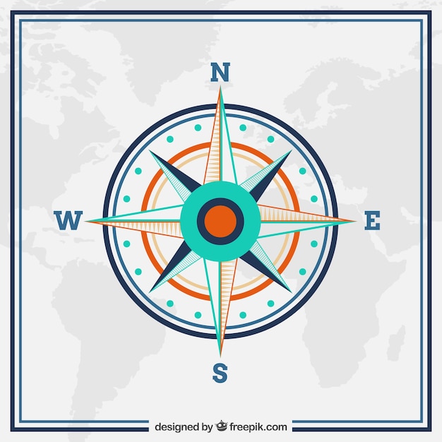 Free vector world map background with compass in flat design