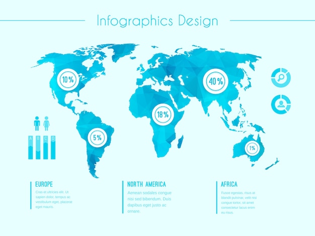 World map infographic vector template showing the demographic areas Europe  North America  Africa with proportionate percentages of statistics and text columns in blue