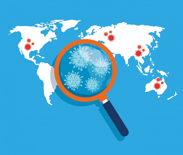 World map with covid 19 locations and magnifying glass