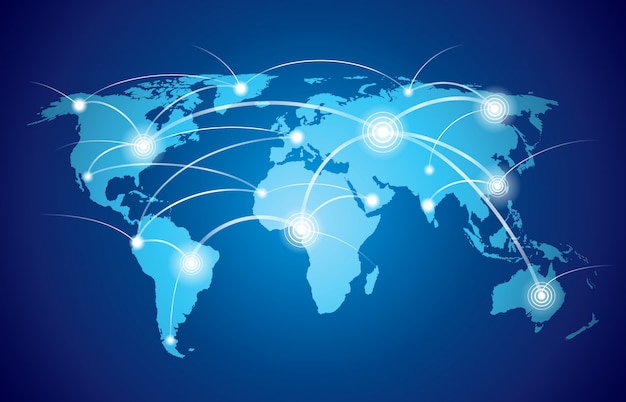 World map with global technology or social connection network with nodes and links vector illustration