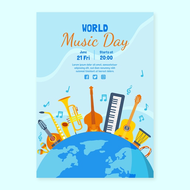 Free vector world music day hand drawn flat poster or flyer