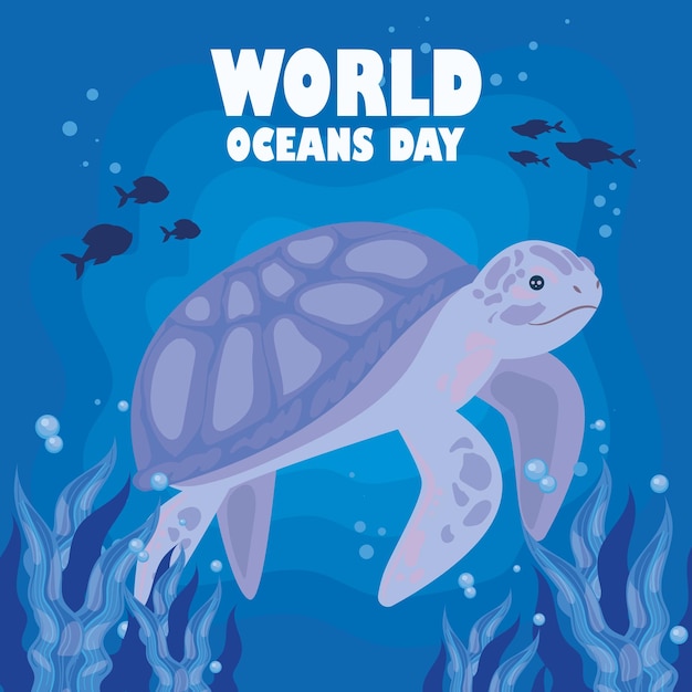 world ocean day card with a turtle