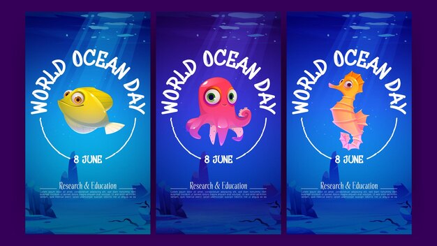 World ocean day cartoon posters with cute underwater animals octopus fish and sea horse in blue water Invitation cards template for ecological holiday or event celebration Cartoon vector flyers set