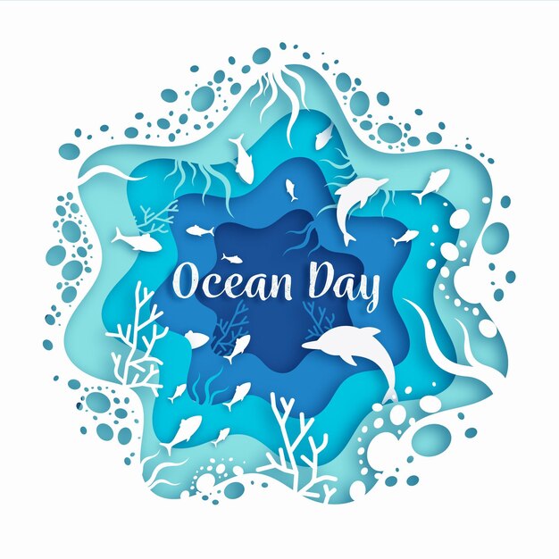 World oceans day concept in paper style with fish