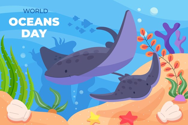 World oceans day hand drawn flat background