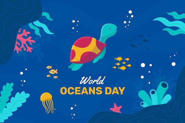 World oceans day hand drawn flat background