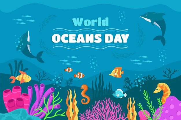 World oceans day hand drawn flat background