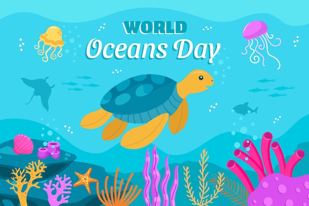 World oceans day hand drawn flat background