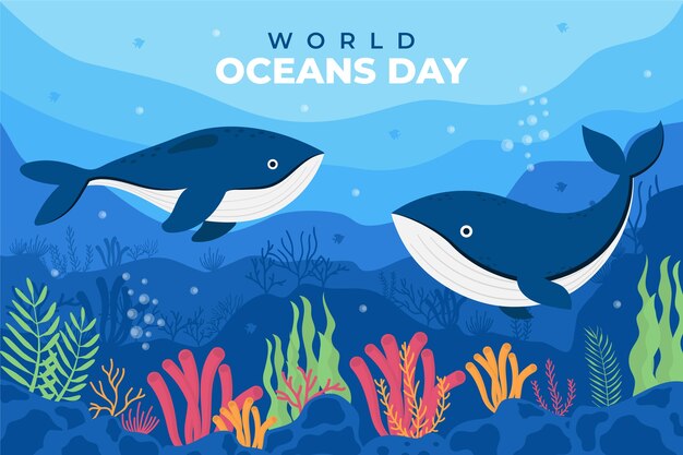 World oceans day hand drawn flat background