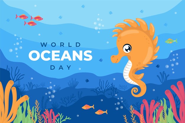 World oceans day hand drawn flat background