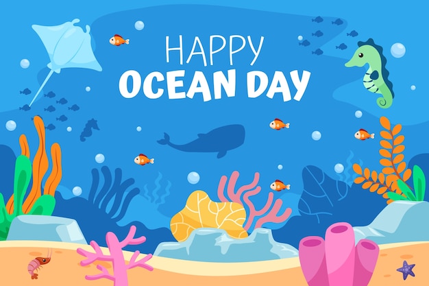 World oceans day hand drawn flat background