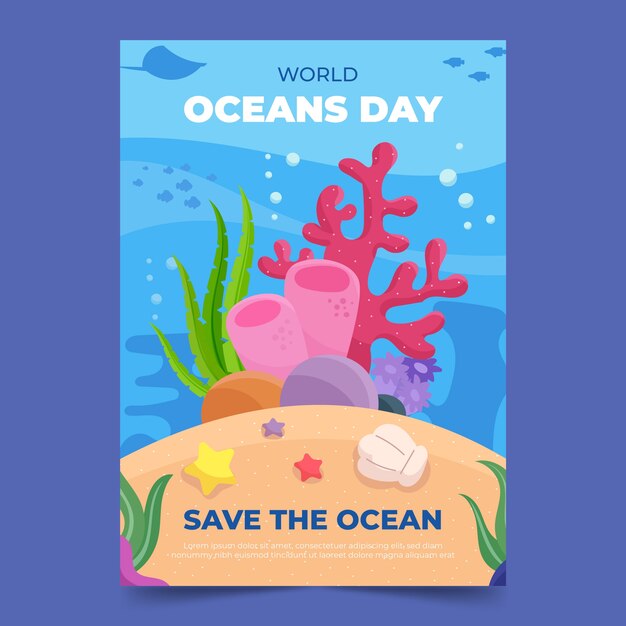 World oceans day hand drawn flat flyer or poster