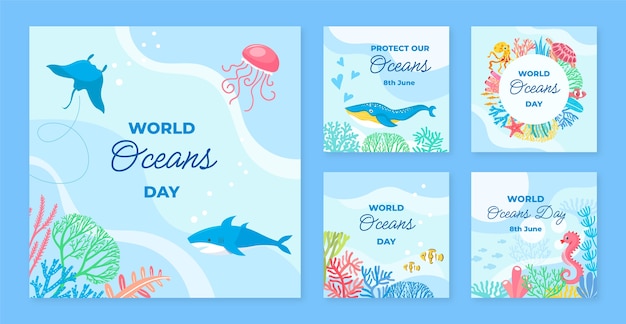 World oceans day hand drawn flat ig post collection