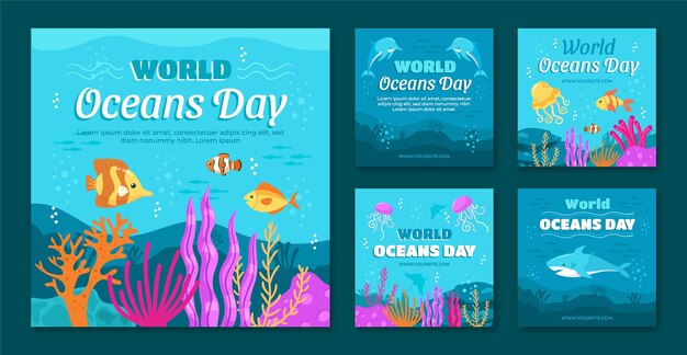 World oceans day hand drawn flat ig post collection