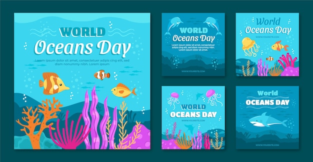 World oceans day hand drawn flat ig post collection