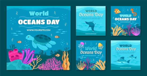 World oceans day hand drawn flat ig post collection