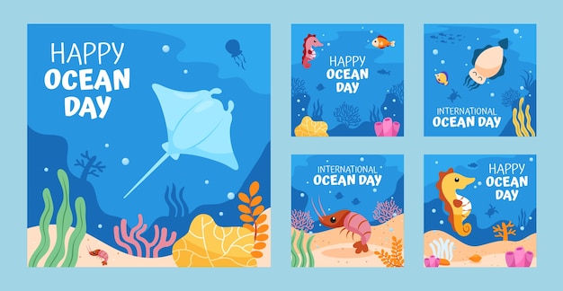 World oceans day hand drawn flat ig post collection