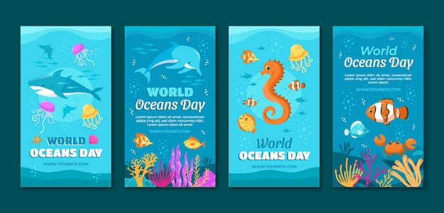 World oceans day hand drawn flat ig stories collection