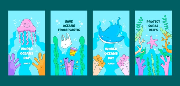 World oceans day hand drawn flat ig stories collection