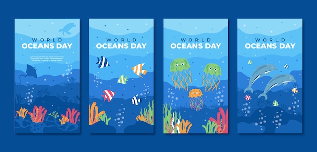 World oceans day hand drawn flat ig stories collection