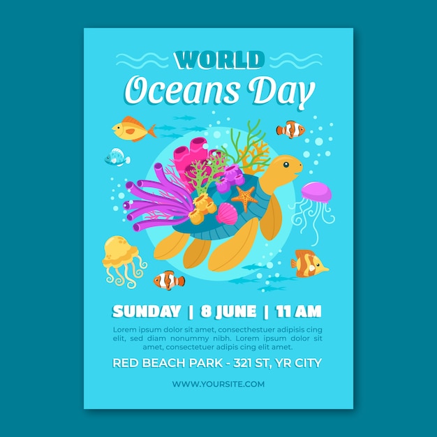 World oceans day hand drawn flat poster or flyer