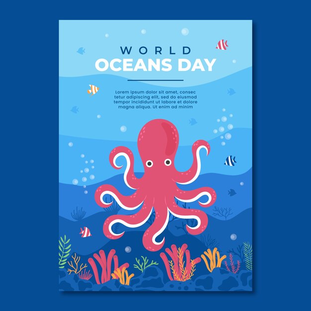 World oceans day hand drawn flat poster or flyer