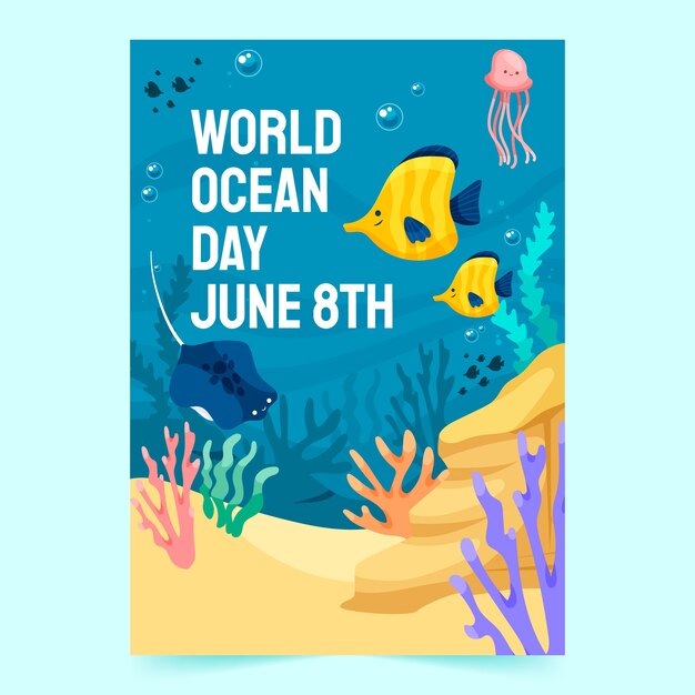 World oceans day hand drawn flat poster or flyer