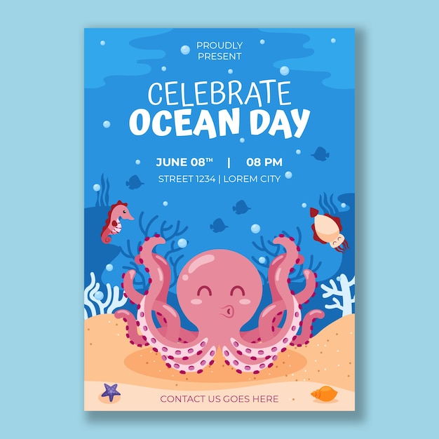 World oceans day hand drawn flat poster or flyer