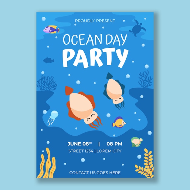 World oceans day hand drawn flat poster or flyer