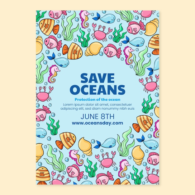 World oceans day hand drawn poster or flyer