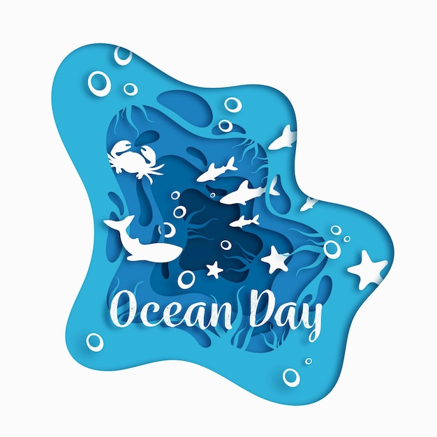 World oceans day in paper style with fish