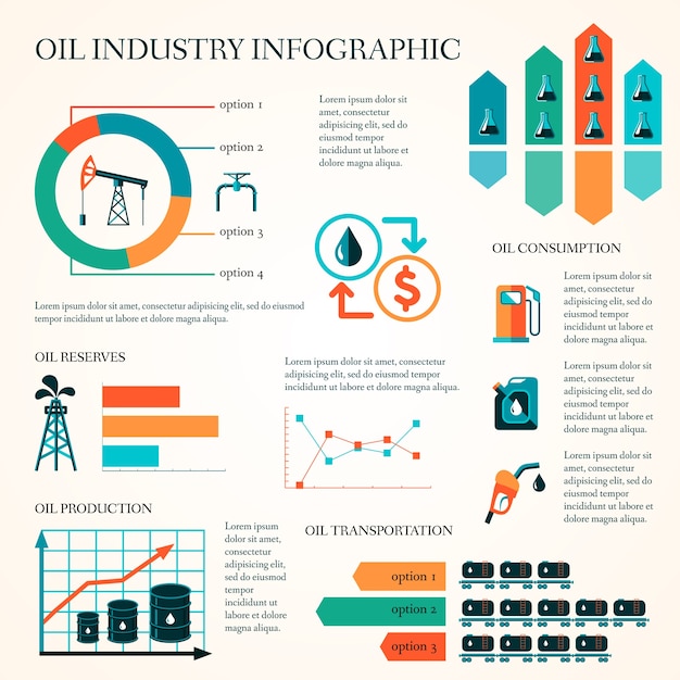 World oil production distribution and petroleum extraction rate infographics diagram layout report presentation design vector illustration