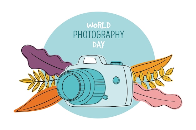 Free Vector world photography day with camera and leaves