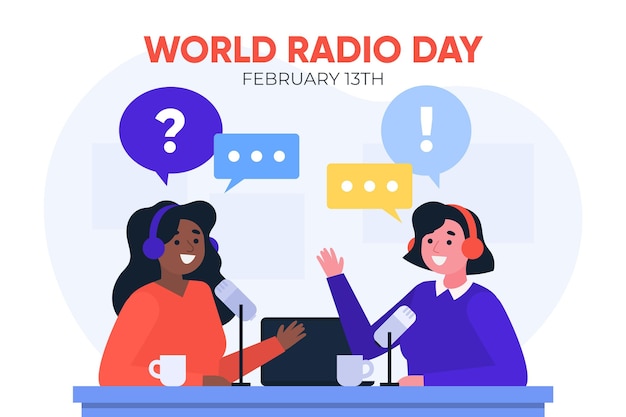 World radio day flat design background with women