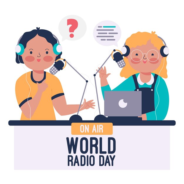 World radio day hand drawn background with characters