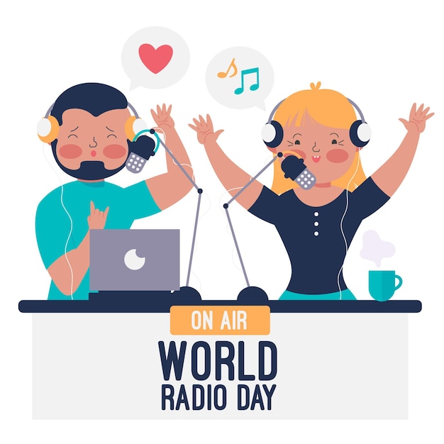 World radio day hand drawn background with presenters