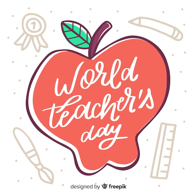 Free Vector world teachers' day lettering with drawn apple