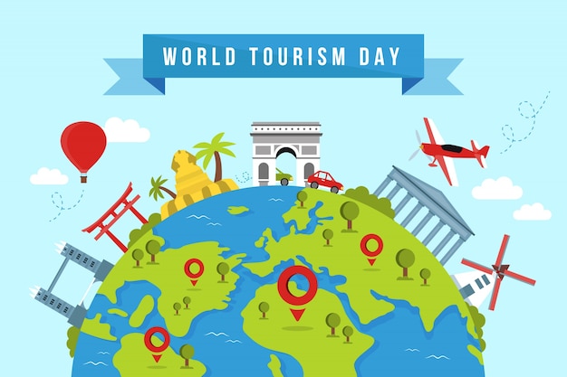 World tourism day background with landmarks and transport