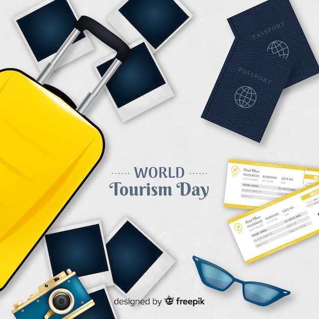 Free Vector world tourism day background with luggage, passport and pictures