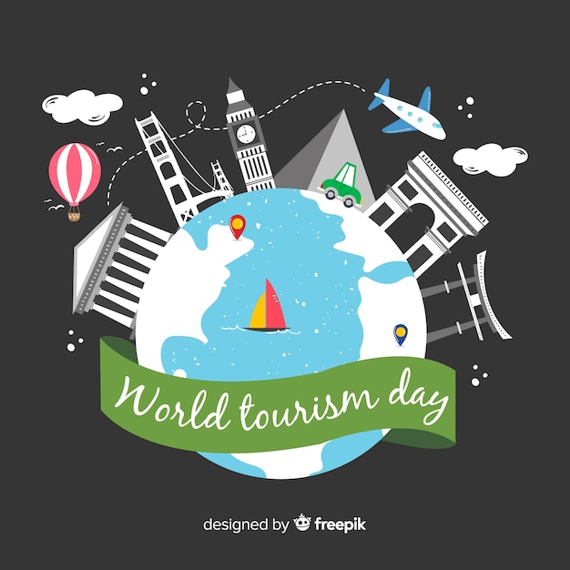 Free Vector world tourism day background with world and monuments