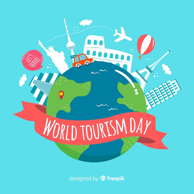 World tourism day background with world and monuments