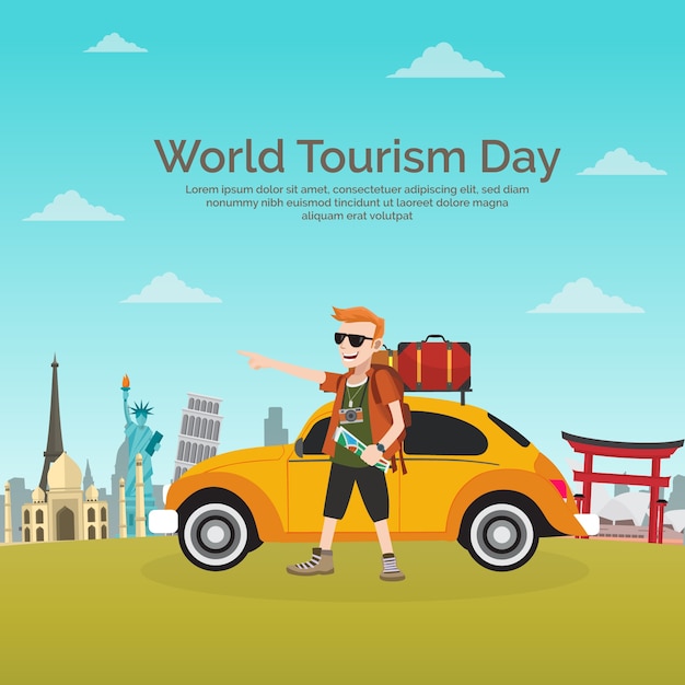 World tourism day, a gentleman traveling in a yellow car