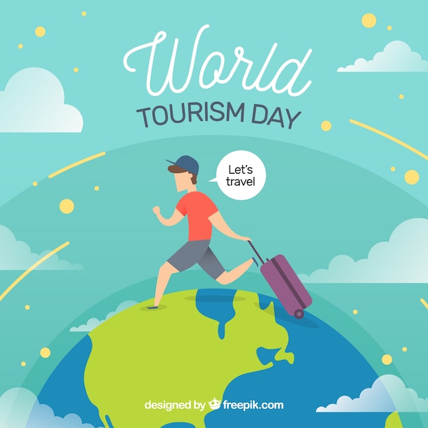 World tourism day, a man traveling around the world