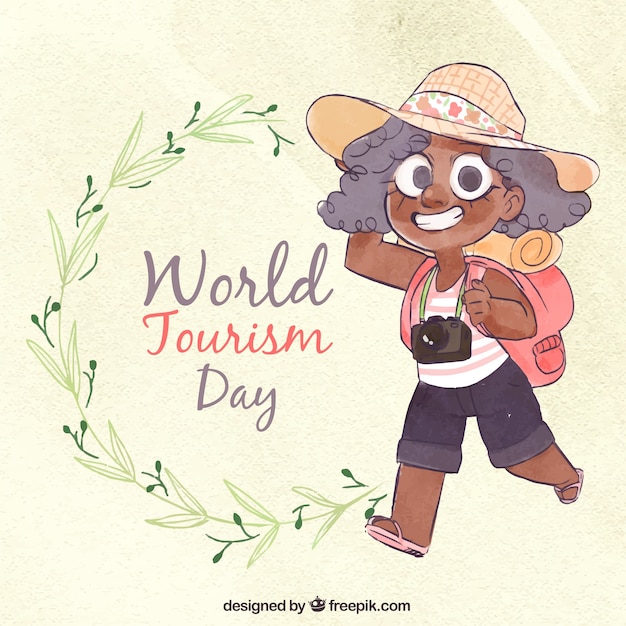 Free Vector world tourism day, watercolor background with a girl traveling