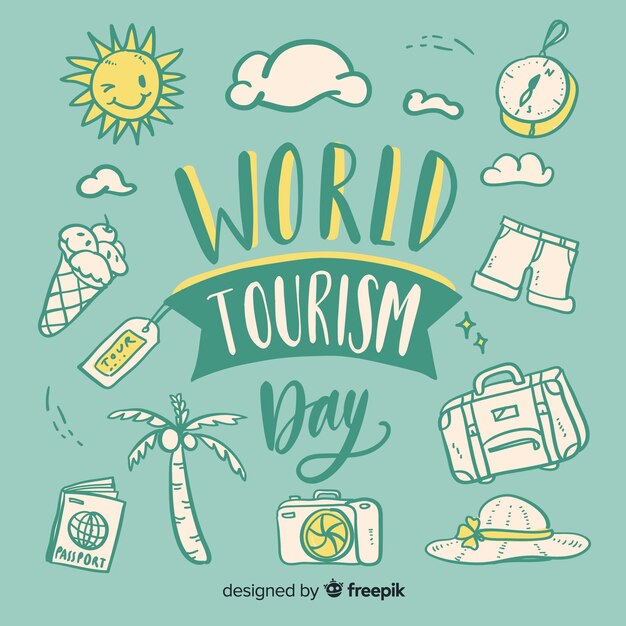 World tourism day with travel objects lettering