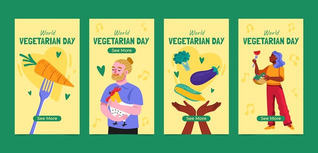 Free Vector world vegetarian day hand drawn flat ig stories set