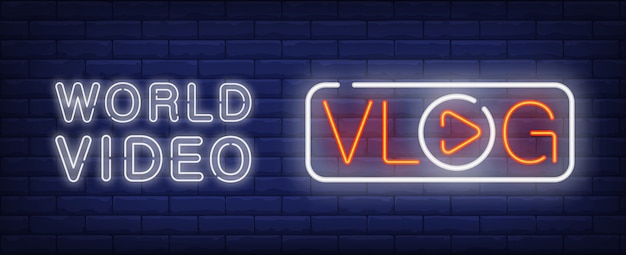 World video on vlog neon sign. Vlog lettering with player button instead of O letter